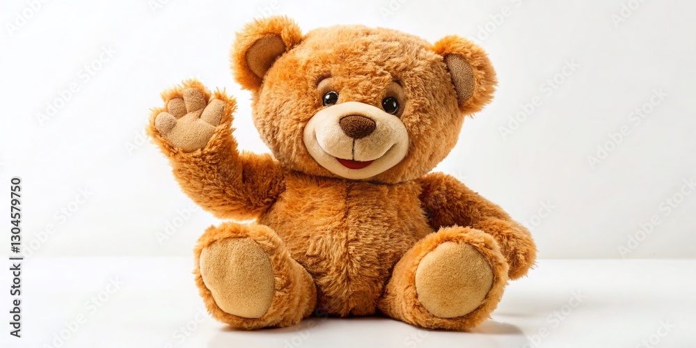 Obraz premium Happy Brown Teddy Bear Waving, White Background Stock Photo