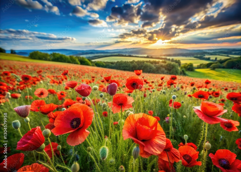Fototapeta premium Aerial drone shot: vibrant red poppy meadow, softly blurred background, summer's idyllic nature scene.