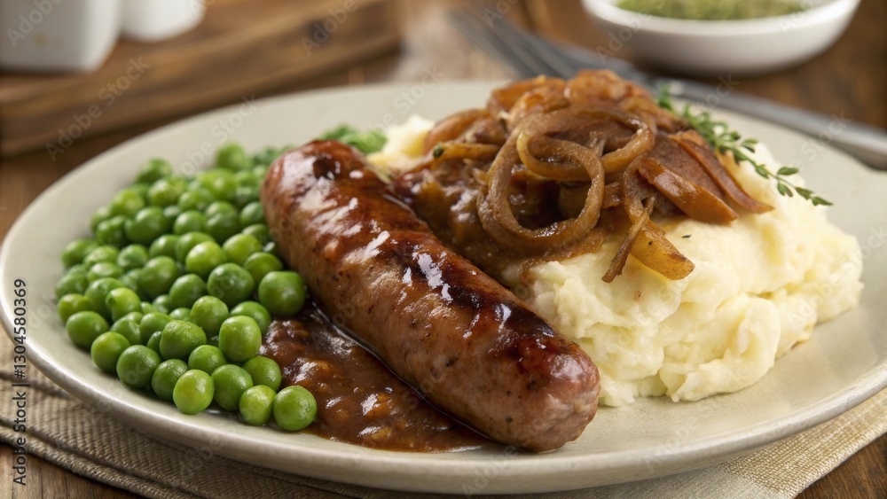 Savoring bangers and mash with caramelized onion gravy and green peas traditional british cuisine kitchen food photography culinary delight