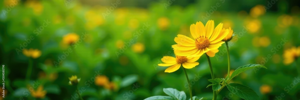 Bright yellow flower blooms amidst lush green foliage, greenery, plant life Bright yellow flower blooms amidst lush green foliage, greenery, plant life