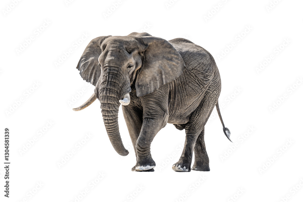 Obraz premium A majestic elephant strides gracefully, trunk slightly curled, one tusk prominent. Its textured skin and swaying tail highlight its raw power, isolated on a transparent background