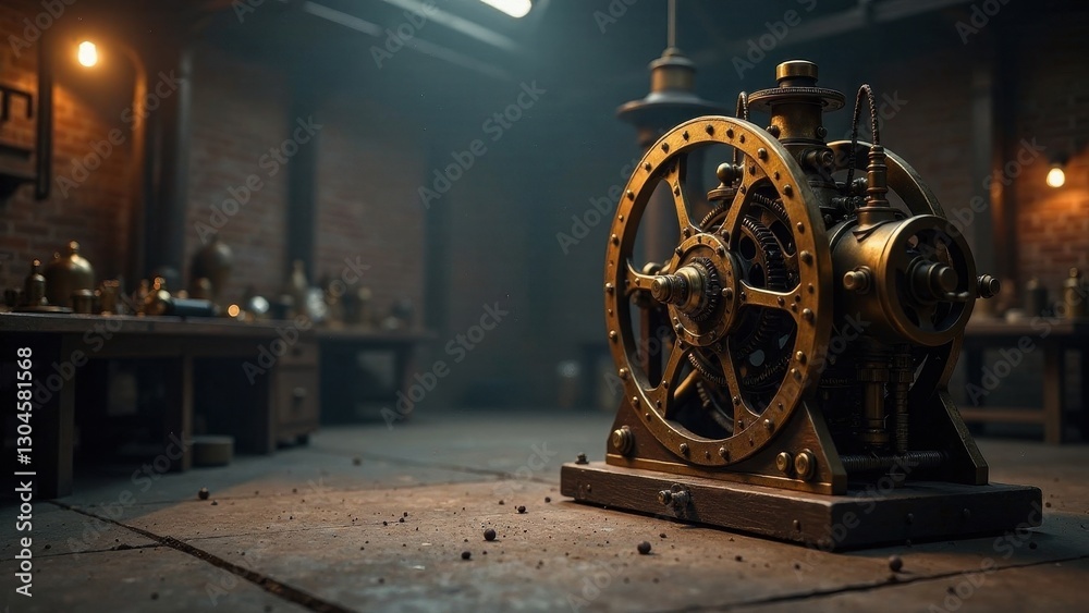 Fototapeta premium Intricate Brass Gear Mechanism on Rustic Wooden Surface in Dimly Lit Workshop