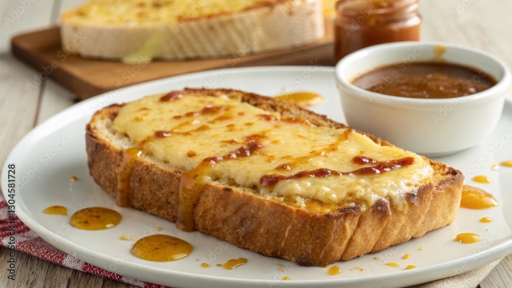 Indulge in a rich slice of welsh rarebit a cheesy toast delight infused with mustard and worcestershire sauce Indulge in a rich slice of welsh rarebit a cheesy toast delight infused with mustard and worcestershire sauce