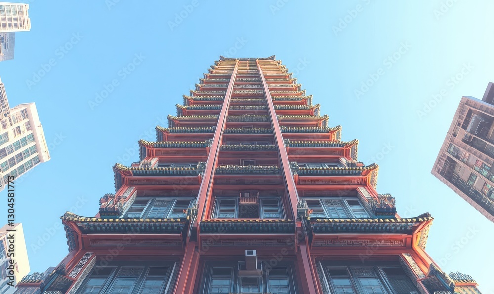 Modern high-rise building captured from below against a clear blue sky, showcasing architectural symmetry and urban energy.