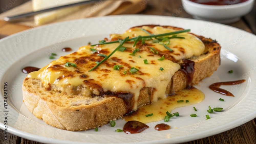 Indulging in welsh rarebit a cheesy toast delight with mustard and worcestershire in a cozy kitchen setting Indulging in welsh rarebit a cheesy toast delight with mustard and worcestershire in a cozy kitchen setting