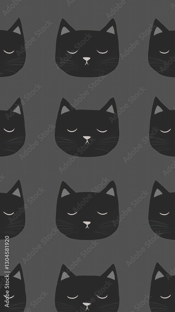 Minimalist illustration of a black cat face pattern. Sad black cats with eyes closed in tranquility. Superstition Minimalist illustration of a black cat face pattern. Sad black cats with eyes closed in tranquility. Superstition