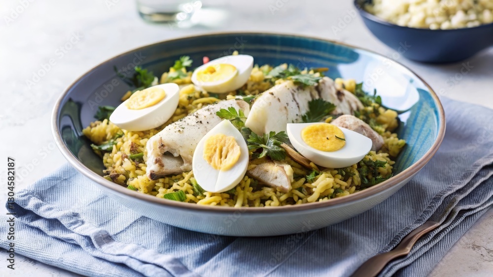Prepare traditional kedgeree smoked haddock curried rice and boiled eggs in a cozy kitchen setting Prepare traditional kedgeree smoked haddock curried rice and boiled eggs in a cozy kitchen setting