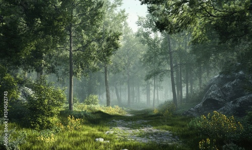 Moody forest landscape with tall pines and soft mist settling over the ground, creating a mysterious and serene vibe.