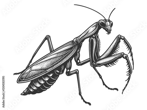 praying mantis, showcasing intricate details of its body, legs, and antennae sketch engraving generative ai raster illustration. Scratch board imitation. Black and white image.