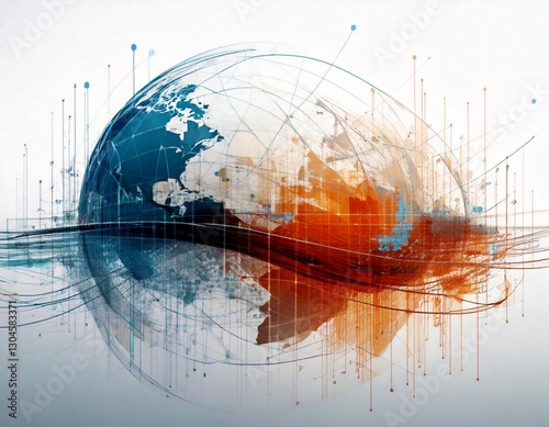 abstract artwork illustrates global communication, featuring a stylised world map in vibrant colours showcasing connectivity and data flow 