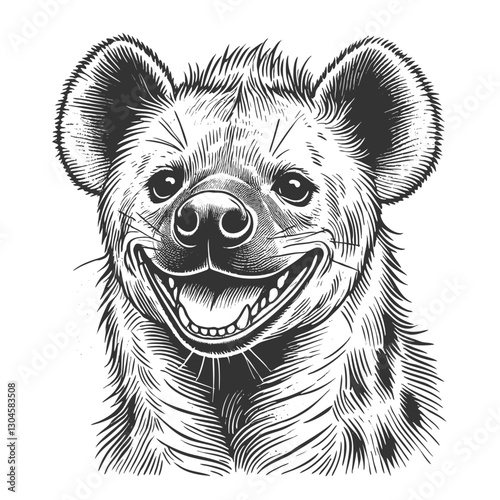 Laughing hyena with a mischievous grin, depicted in an engraved, woodcut style with intricate fur details sketch engraving generative ai vector illustration. Scratch board. Black and white image.