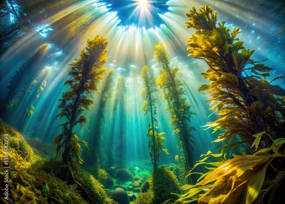 Obraz premium Drone Photography: Ethereal Underwater Kelp Forest, Sunbeams, Magical Ocean Scene