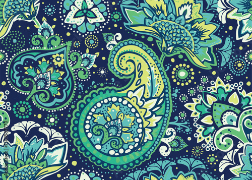 Seamless paisley pattern in Oriental style with floral and ethnic motifs for printed fabric, wallpaper, and packaging