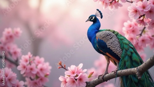 A majestic peacock perched on a branch amidst a breathtaking display of delicate pink blossoms, a serene scene of natural beauty and vibrant color.