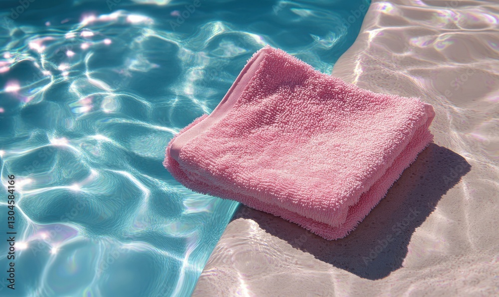 Pink towel on pool edge in sunny summer setting.