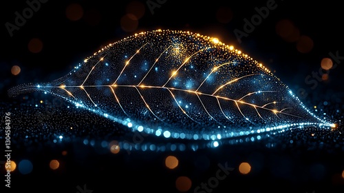 Glowing leaf particle art, dark background