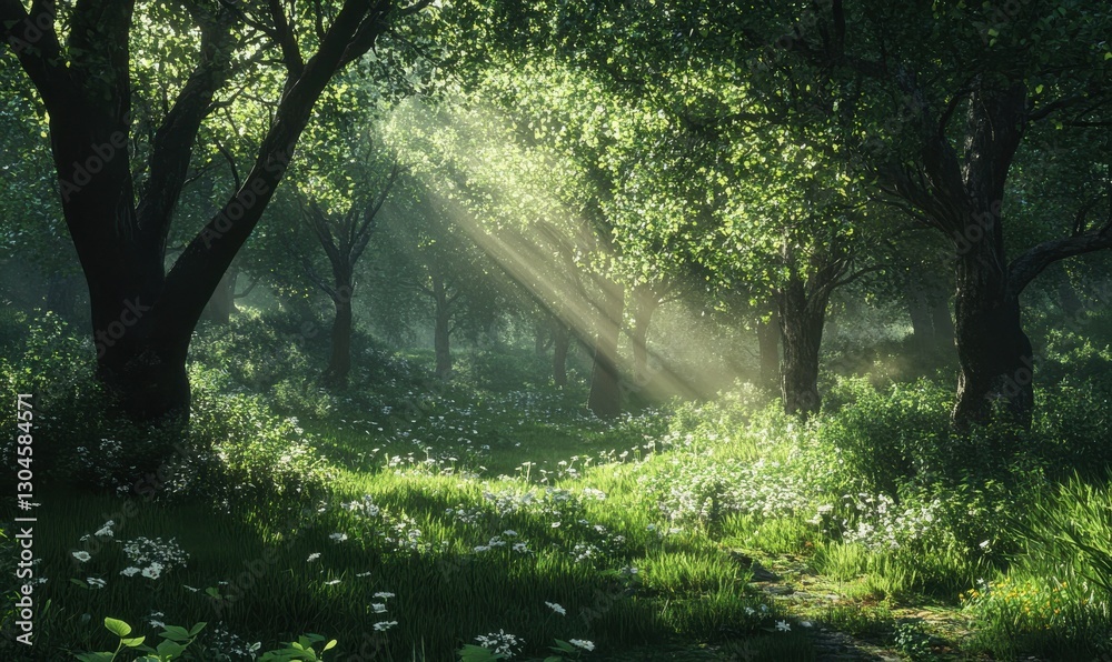Naklejka premium Peaceful woodland clearing with soft rays of sunlight filtering through dense trees, illuminating vibrant green foliage