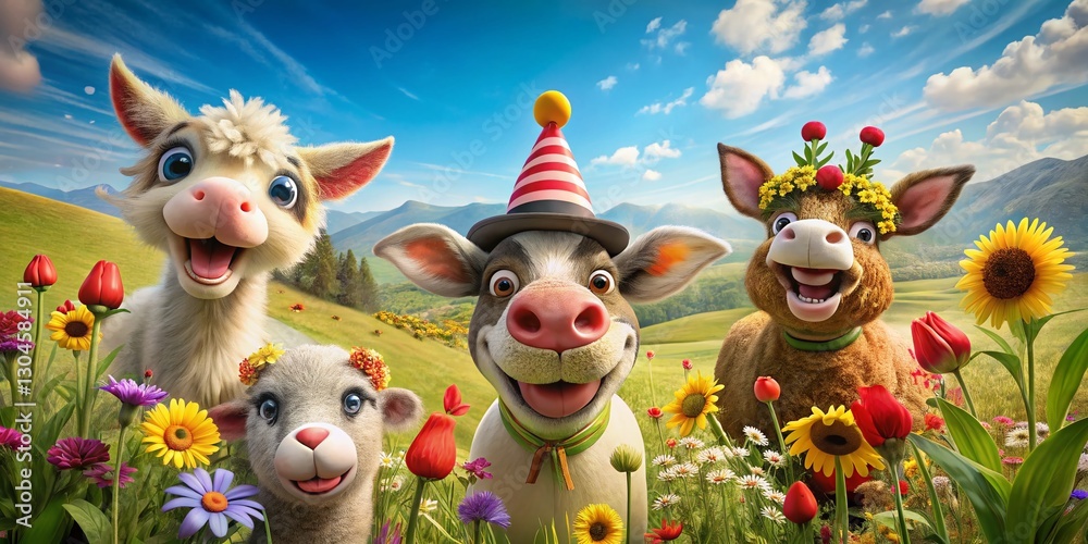 Hilarious Red Nose Day Landscape: Funny Animals in Festive Hats Enjoying Nature Hilarious Red Nose Day Landscape: Funny Animals in Festive Hats Enjoying Nature