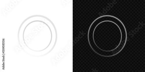 Glowing White Wave. Smooth flowing light effect. Abstract bright arc with shimmering details. Luminous white circle. PNG isolated set of dazzling white sparkles and floating light orbs.