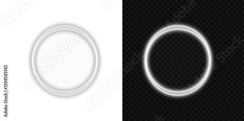 Glowing White Wave. Smooth flowing light effect. Abstract bright arc with shimmering details. Luminous white circle. PNG isolated set of dazzling white sparkles and floating light orbs.
