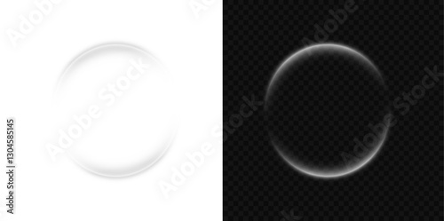 Glowing White Wave. Smooth flowing light effect. Abstract bright arc with shimmering details. Luminous white circle. PNG isolated set of dazzling white sparkles and floating light orbs.