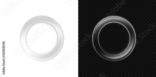 Glowing White Wave. Smooth flowing light effect. Abstract bright arc with shimmering details. Luminous white circle. PNG isolated set of dazzling white sparkles and floating light orbs.