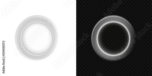 Glowing White Wave. Smooth flowing light effect. Abstract bright arc with shimmering details. Luminous white circle. PNG isolated set of dazzling white sparkles and floating light orbs.