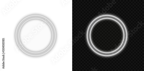 Glowing White Wave. Smooth flowing light effect. Abstract bright arc with shimmering details. Luminous white circle. PNG isolated set of dazzling white sparkles and floating light orbs.