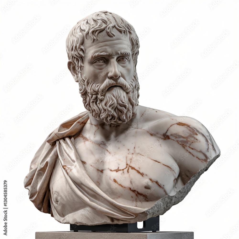 Obraz premium Marble Bust with Wavy Hair and Beard in Toga Isolated on White Background.