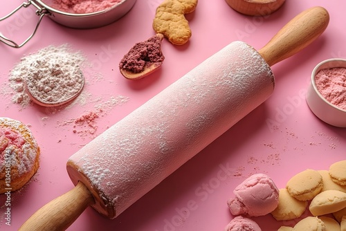 On a pink background, a collection of baking utensils, including a whisk, rolling pin, and spatula, represents a culinary concept photo