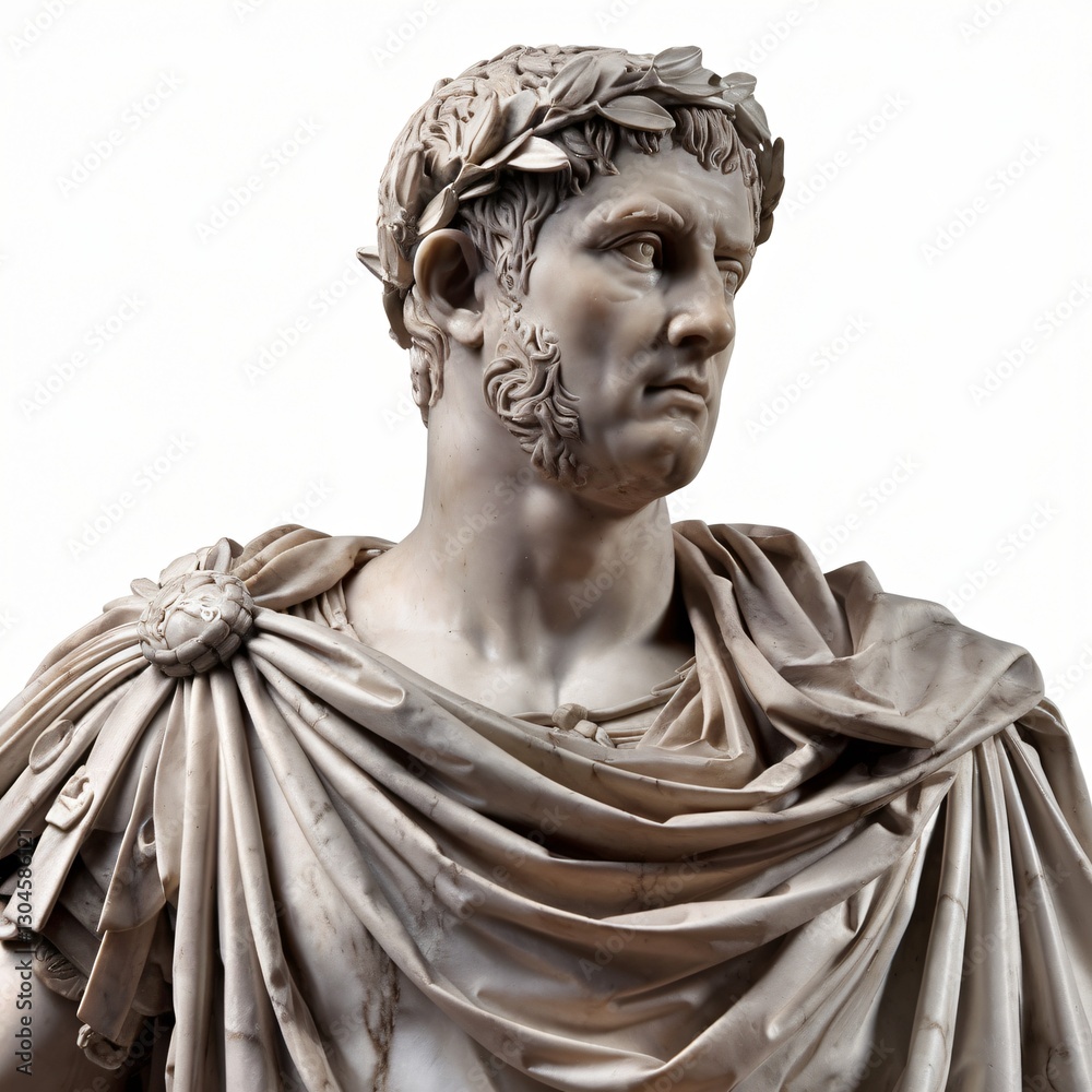 Obraz premium Classical Roman Marble Bust with Laurel Wreath and Toga Isolated on White Background.