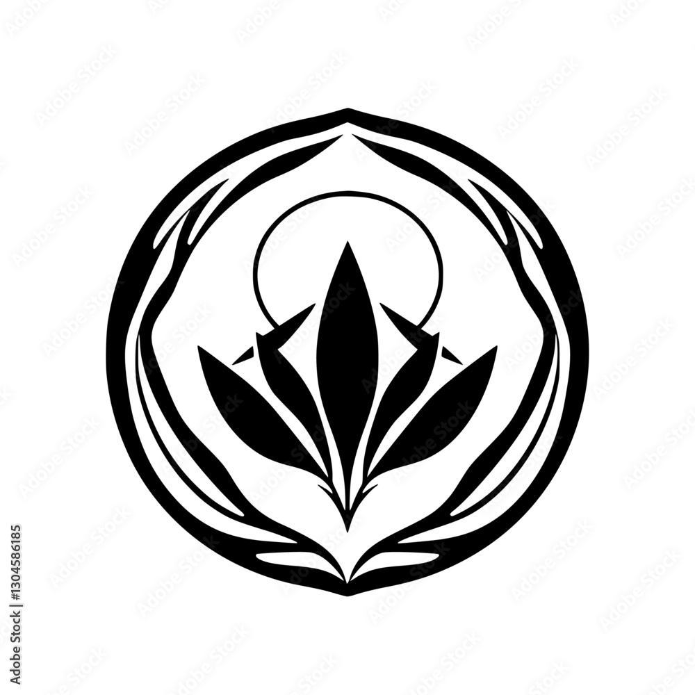 Black and White symmetrical stylized floral logo design, circular, abstract, minimalist style. Black and White symmetrical stylized floral logo design, circular, abstract, minimalist style.