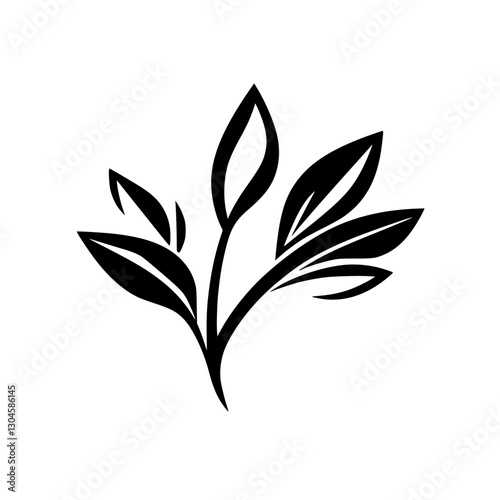 Minimalist black & white graphic of a plant with leaves against a pure white background.