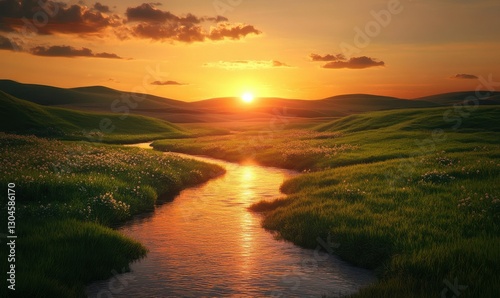 Stunning sunset over a peaceful countryside landscape, with rolling green hills and a glowing orange sky reflecting in a nearby stream