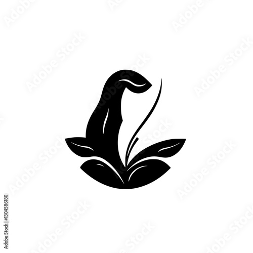 Silhouette of a plant with large leaves and a tall stem, against a white background.