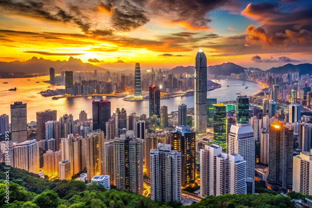 Fototapeta premium Hong Kong Skyline at Dusk: Stunning Cityscape with Copy Space