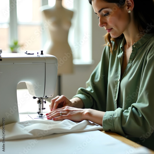 Dressmaker woman, sewing white fabric on sewing machine. Seamstress sewing.