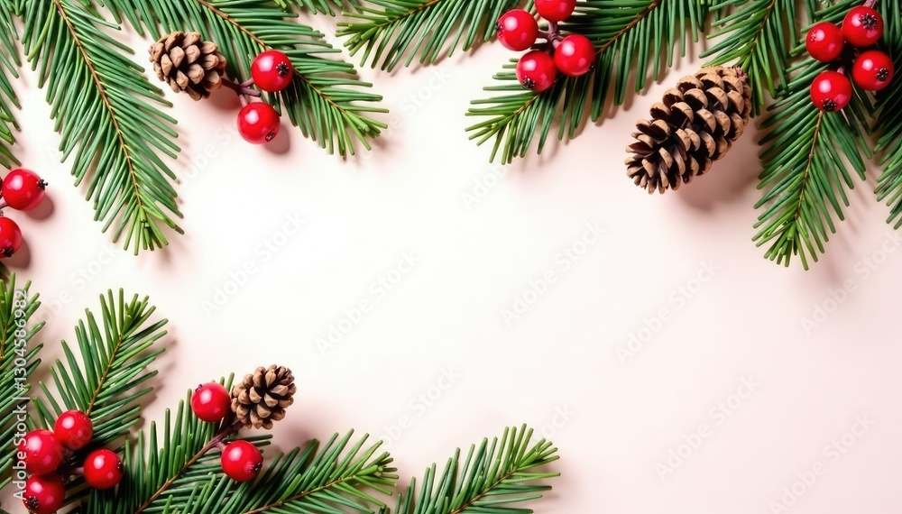 Fir branches with bright red berries and pinecones on a plain background, trees, berry garland Fir branches with bright red berries and pinecones on a plain background, trees, berry garland