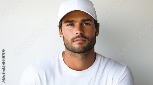 Wallpaper Mural A man with a neatly trimmed beard and a crisp white baseball cap, adorned with a subtle logo if desired, stands against a stark white backdrop, exuding an air of effortless style. The cap is clean Torontodigital.ca