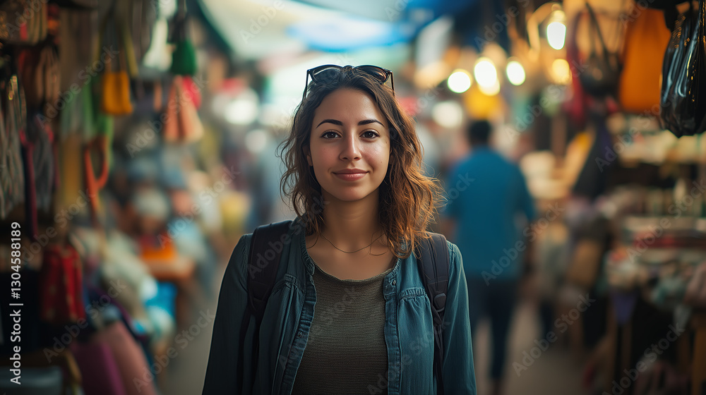happy traveler smiles warmly while exploring vibrant marketplace, capturing essence of cultural immersion and joyful discovery happy traveler smiles warmly while exploring vibrant marketplace, capturing essence of cultural immersion and joyful discovery