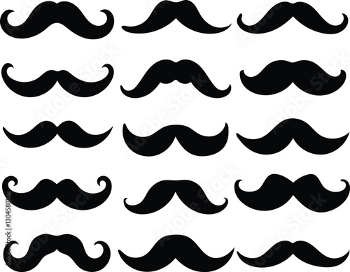 Set of various mustache shapes in black silhouette.