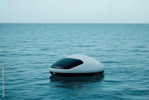 Floating futuristic pod gliding on tranquil waters, reflecting s photo