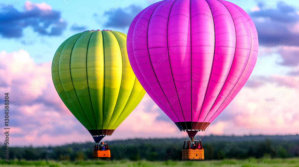 Fototapeta premium Colorful hot air balloons in vibrant colors float gracefully over a picturesque landscape during a serene sunset sky