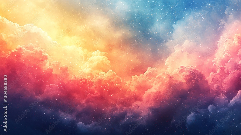 Fototapeta premium Colorful abstract watercolor sky with stars and clouds in blended hues of pink and blue