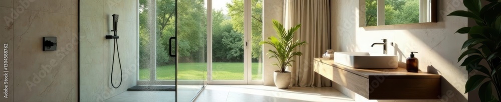 Naklejka premium Open shower with rainfall head, floating vanity, natural light, plan, bathroom