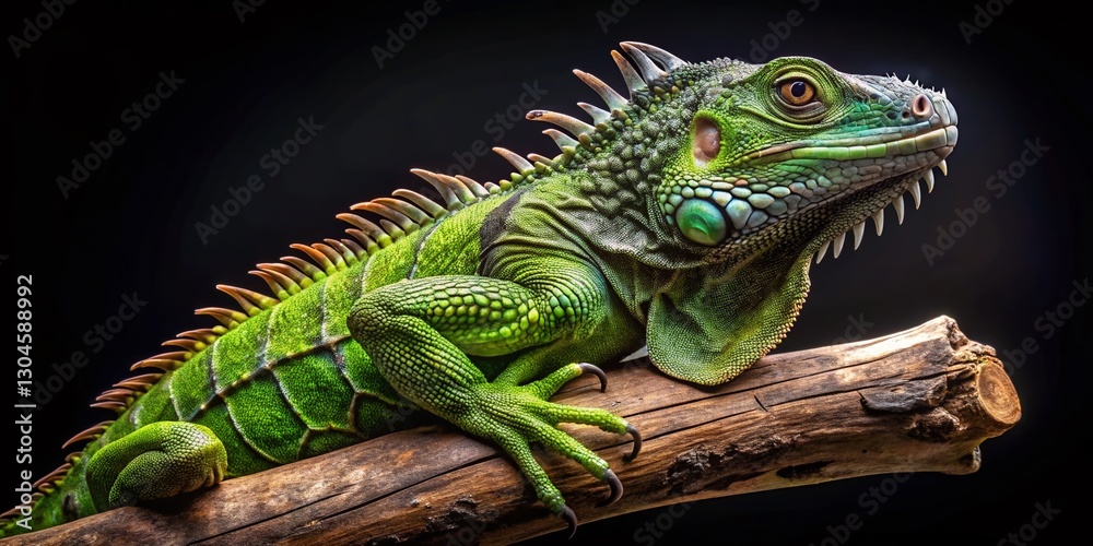 Fototapeta premium Iguana Perched on Tree Branch, Black Background - Stock Photo