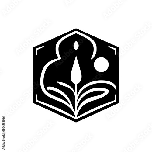 Black and White Hexagonal Abstract
containing a central flower-like design with a moon-like circle.