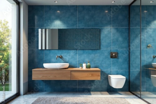 Sleek blue tile, floating vanity, modern fixtures, blue bathroom decor, minimalist