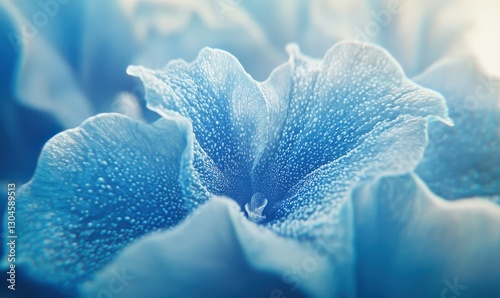 Macro shot of pastel blue petals illuminated by soft diffused light showcasing delicate textures in an elegant composition .