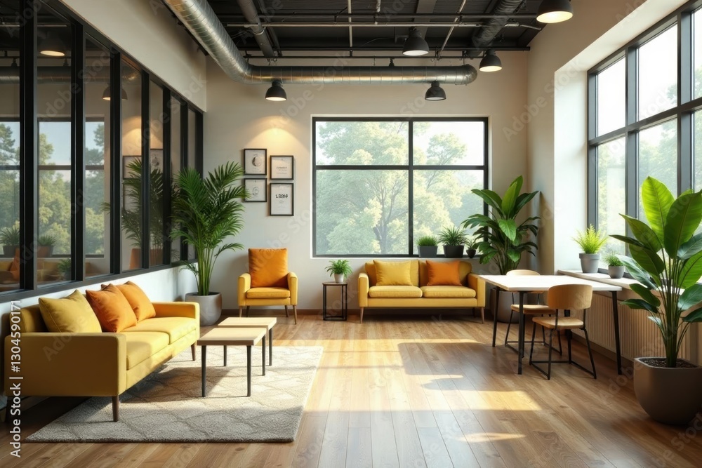 Spacious coworking area with comfortable seating and plants, furniture, sofa, workspace Spacious coworking area with comfortable seating and plants, furniture, sofa, workspace